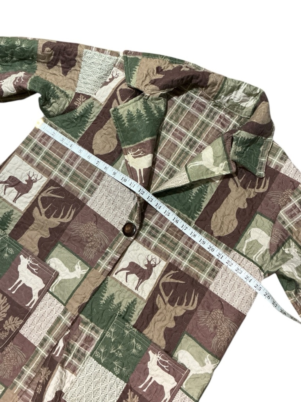 Camo Patchwork Blanket Jacket Upcycled Bedspread Forest Bear Deer Cabin - Picture 12 of 12